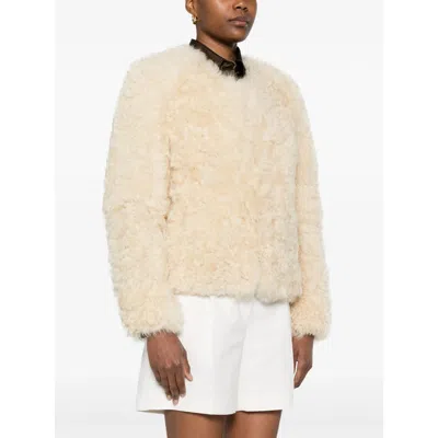 Tom Ford Curly Sheep Shearling Collarless Jacket In Neutral
