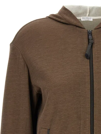 Brunello Cucinelli Brown Sweatshirt With Fixed Hood And Monil Detail On The Sleeve In Cotton Blend W