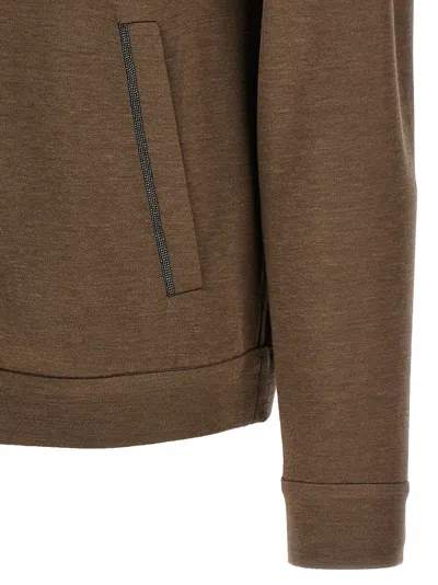 Brunello Cucinelli Brown Sweatshirt With Fixed Hood And Monil Detail On The Sleeve In Cotton Blend W