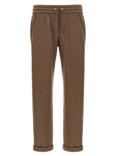 Brunello Cucinelli Cotton-silk Blend Joggers With Side Monile Detail In Brown