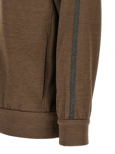 Brunello Cucinelli Brown Sweatshirt With Fixed Hood And Monil Detail On The Sleeve