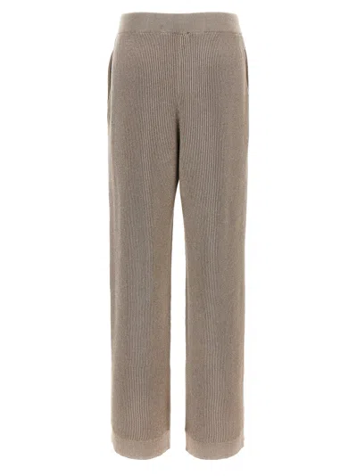 Brunello Cucinelli Loose Flared Trousers In Sparkling Twill Linen With Monile In Brown