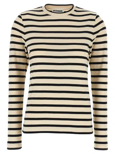 Jil Sander Fine Ribbed Off-white And Black Crew Neck Sweater