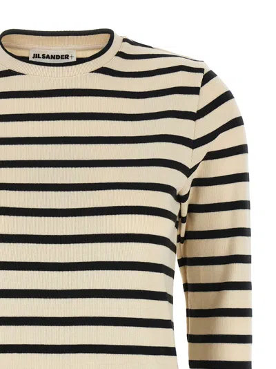 Jil Sander Fine Ribbed Off-white And Black Crew Neck Sweater