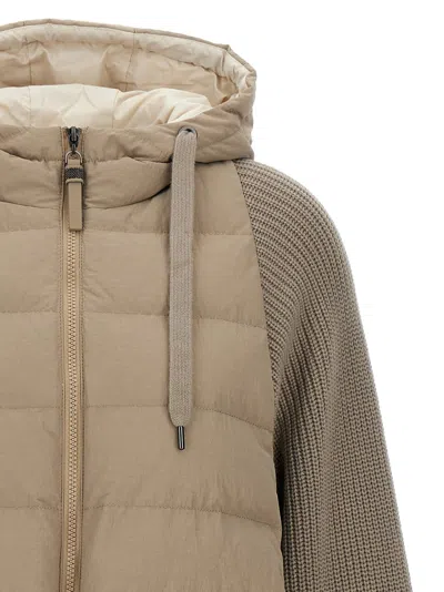 Brunello Cucinelli Two-material Puffer Jacket Casual Jackets And Parka Beige In Brown