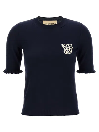 Valentino Embroidered Top Ruffle Detail In Blue