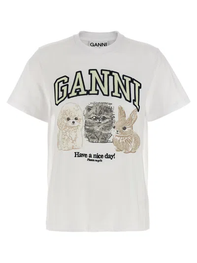 Ganni White Crewneck T-shirt With Maxi Logo On The Front