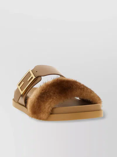 Fendi Luxe Fur Strap Buckle Slides In Brown
