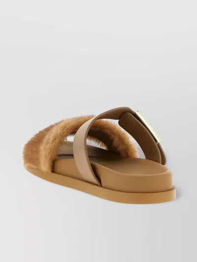 Fendi Luxe Fur Strap Buckle Slides In Brown