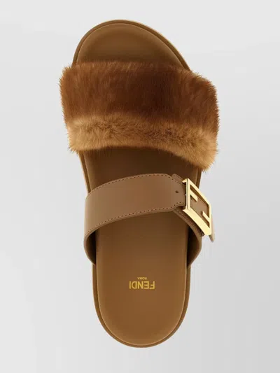 Fendi Luxe Fur Strap Buckle Slides In Brown