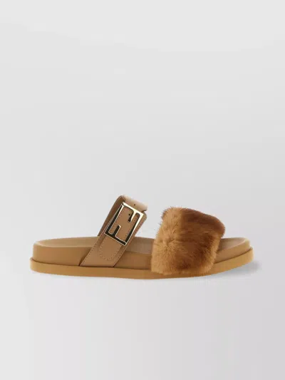 Fendi Luxe Fur Strap Buckle Slides In Brown