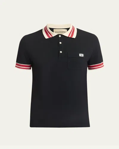 Valentino Cotton Piqué Polo Shirt With Vlogo Patch In Black