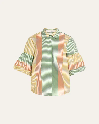 Silvia Tcherassi Helina Multi-striped Puff-sleeve Button-down Top