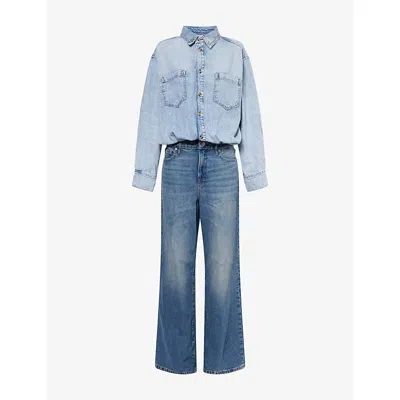 Good American Womens Long-sleeves Wide-leg Denim-blend Jumpsuit Indigo796