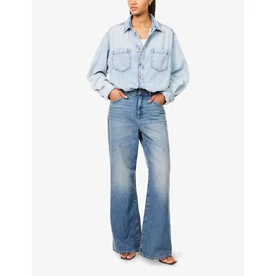 Good American Womens Long-sleeves Wide-leg Denim-blend Jumpsuit Indigo796