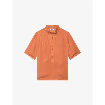 Zadig & Voltaire Womens Sienna Short-sleeved Frill-collar Satin Shirt In Brown