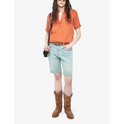 Zadig & Voltaire Womens Sienna Short-sleeved Frill-collar Satin Shirt In Brown