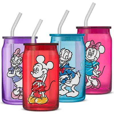 Joyjolt Disney Mickey Mouse Friends Color Sketch Tumbler Glasses With Lids, Set Of 4