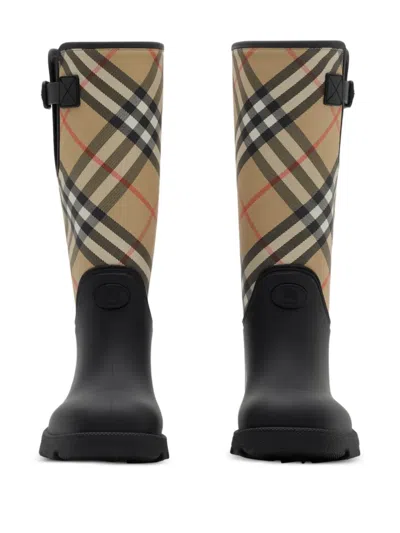 Burberry Woven Check Rain Boots With Adjustable Buckle And Equestrian Design In Black