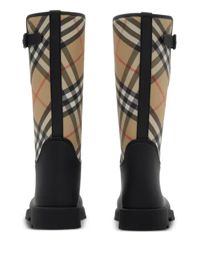 Burberry Woven Check Rain Boots With Adjustable Buckle And Equestrian Design In Black