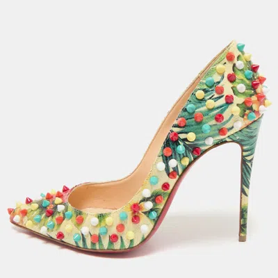 Pre-owned Christian Louboutin Multicolor Hawaiian Print Crackled Leather Follies Spikes Pumps Size 38