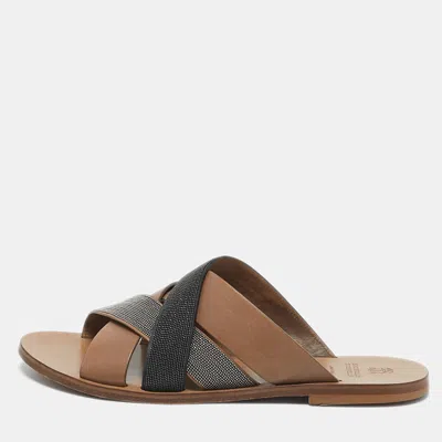 Pre-owned Brunello Cucinelli Multicolor Beads And Leather Crossover Flat Sandals Size 40
