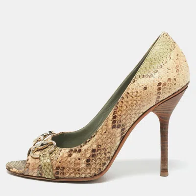 Pre-owned Gucci Beige/green Python Horsebit Peep Toe Pumps Size 40