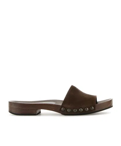 Miu Miu Suede Stud Flat Sandals In Brown