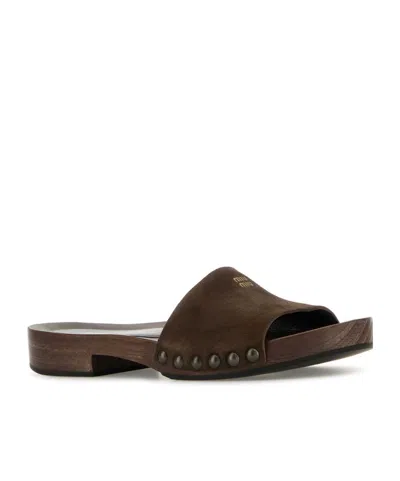 Miu Miu Suede Stud Flat Sandals In Brown