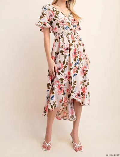 Chris & Carol Floral V Neck High Low Elastic Waist Midi Dress In Blush Pink
