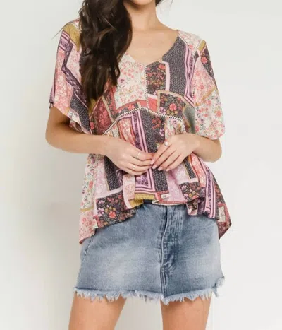 Olivaceous Floral Patch Flutter Sleeve Top In Pink Multi
