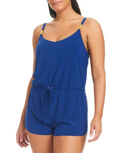 Beyond Control Swimwear Solid Essentials Blouson Romper In Blue