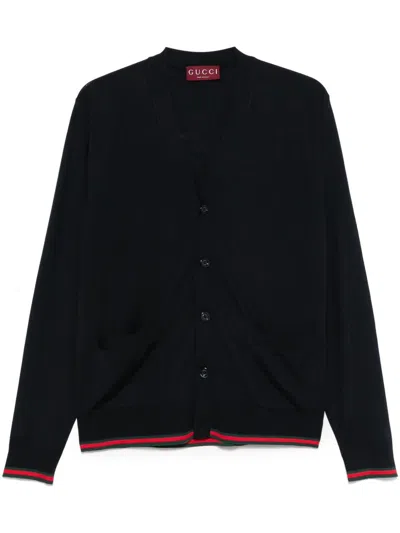 Gucci Knitted Wool Cardigan With Web Pattern In Black