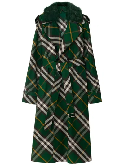 Burberry Check Belted Trench Coat With Faux Fur Collar