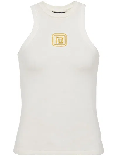 Balmain Beige Embroidered Logo Cotton Blend Top