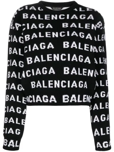 Balenciaga Women Allover Logo Wool Cropped Sweater In Multi