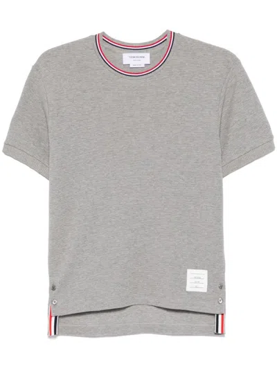 Thom Browne Short-sleeve Cotton T-shirt With Striped Neckline And Snap Hem In Gray