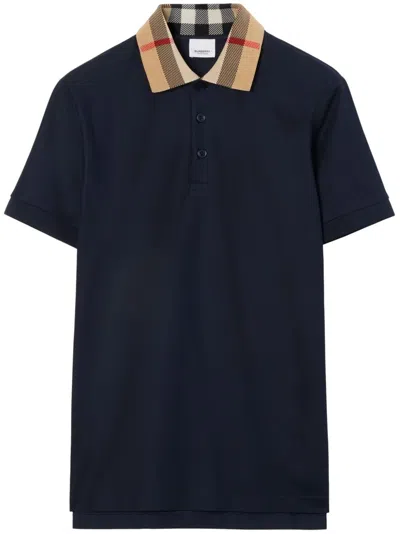 Burberry Men Check Collar Cotton Polo Shirt In Blue