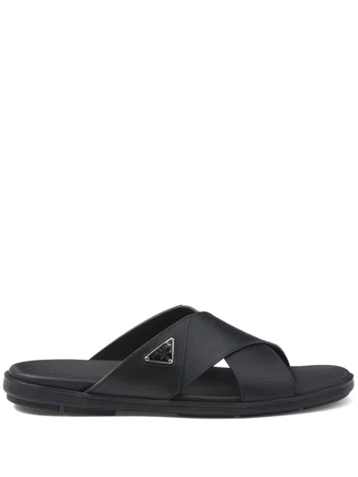 Prada Triangle Logo Criss-cross Sandals In Black