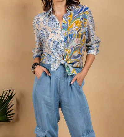Paparazzi Voile Mix Print Button Front Shirt In Blue