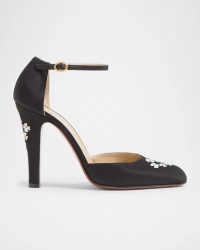 Valentino Floral Embroidered Round Toe Ankle Strap Pumps In Black