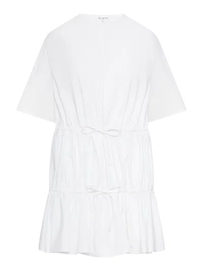 Alaïa Short-sleeve Tiered Tie Mini Dress In White