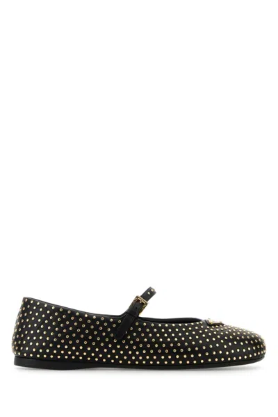 Prada Triangle-logo Stud-embellished Ballerina Shoes In Black