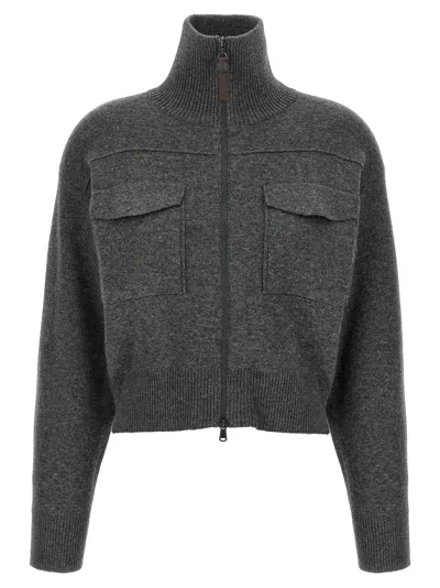 Brunello Cucinelli 'shiny Zipper Pull' Wool Cardigan In Gray