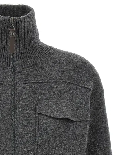 Brunello Cucinelli 'shiny Zipper Pull' Wool Cardigan In Gray