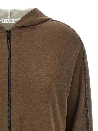 Brunello Cucinelli Brown Sweatshirt With Fixed Hood And Monil Detail On The Sleeve