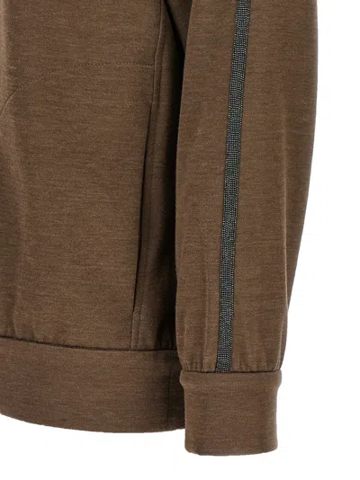 Brunello Cucinelli Brown Sweatshirt With Fixed Hood And Monil Detail On The Sleeve