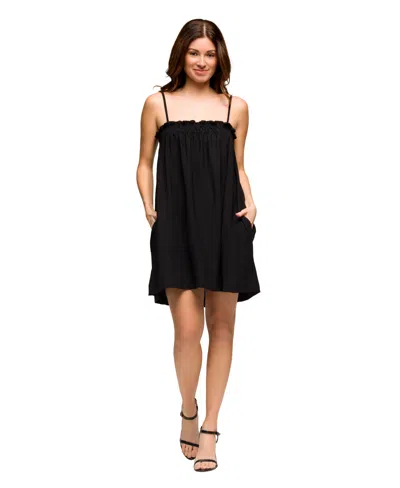 24seven Comfort Apparel Women's Square Neck Spaghetti Strap Smocked Pocket Mini Dress In Black