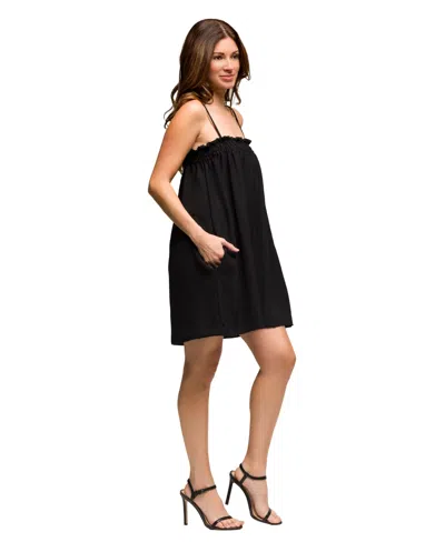 24seven Comfort Apparel Women's Square Neck Spaghetti Strap Smocked Pocket Mini Dress In Black