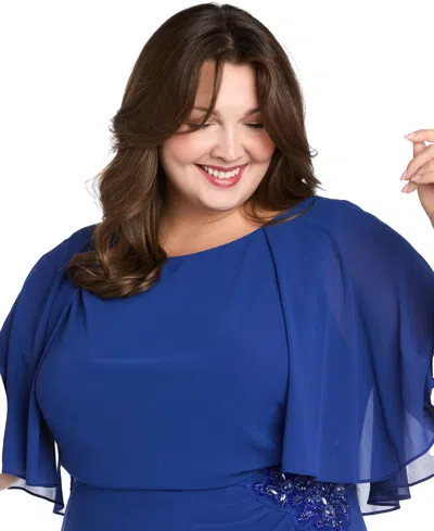 R & M Richards Plus Size Cape-sleeve Embellished-waist Gown In Blue